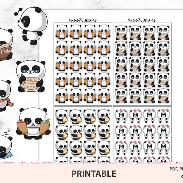 Panda Character Stickers, Printable kit, Planner Stickers, Coffee, Reading books, Groceries, Bills, Music, Sleeping, Nap time, Cute Kawaii