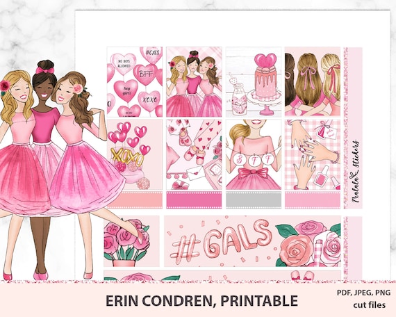 Valentines Day Erin Condren Prinatble Planner Stickers, GALS Watercolor Stickers, ECLP February Weekly Kit, BFF Printable Kit png files