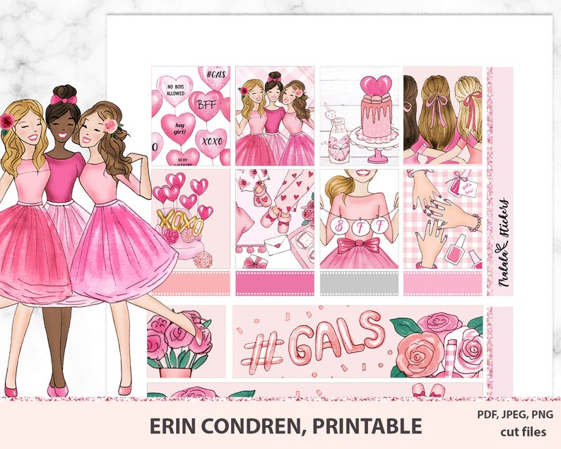 Valentines Day Erin Condren Prinatble Planner Stickers, GALS Watercolor Stickers, ECLP February Weekly Kit, BFF Printable Kit png files image 1