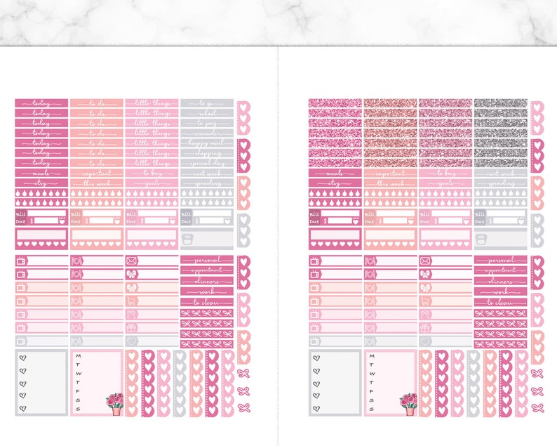 May include: Pink and gray planner stickers with various designs, including hearts, glitter, and text like "to do", "today", and "important".