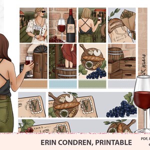 May include: A set of printable planner stickers featuring a wine theme. The stickers include images of wine bottles, grapes, wine glasses, and a woman holding a glass of wine. The text "Olivia Winery" is featured on one of the stickers.
