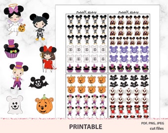 May include: Printable Halloween stickers featuring various characters, including Mickey Mouse, pumpkins, ghosts, and cupcakes. The stickers are designed in a cute cartoon style and are perfect for adding a festive touch to your Halloween decorations.