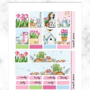 May include: A set of 10 printable planner stickers featuring a gardening theme. The stickers include images of flowers, gardening tools, a birdhouse, a cat, and a woman with the text "Let's do it". The stickers are designed for use in a planner or journal.