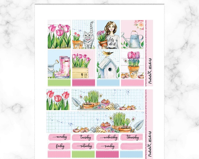 May include: A set of 10 printable planner stickers featuring a gardening theme. The stickers include images of flowers, gardening tools, a birdhouse, a cat, and a woman with the text "Let's do it". The stickers are designed for use in a planner or journal.