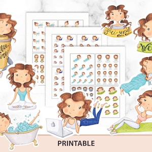 Zelfzorg afdrukbare stickers voor planner. De pictogrammen van de gymnastiek, geschiktheid, training, yogaklasseherinneringen. Werkuren, slaaptracker. Leuke meisjes Kawaii