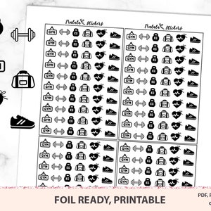 Foil ready gym icons for wellness planner, Fitness planner stickers, workout reminders for pilates,  2 dollar tuesday Silhouette cut files