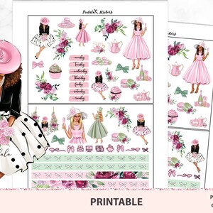 Tea party printable planner stickers, downloadable decorative stickers, weekly sticker kit, cute brunette blond dark skin girls, brunch kit