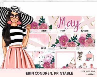 Peut inclure: Un planificateur imprimable pour le mois de mai avec un motif floral rose et or. Le planificateur comprend une page de titre avec une femme portant une chemise à rayures noires et blanches et une jupe rose, et une page de calendrier avec des espaces pour chaque jour de la semaine.