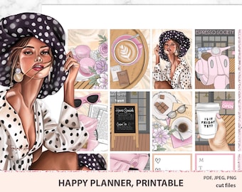 May include: A digital planner sticker set with a black and white polka dot theme. The set includes a woman wearing a polka dot dress and hat, a cup of coffee, a scooter, and a chalkboard with the text "House Specials".