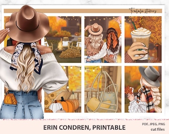 Printable Planner Stickers, Fall weekly kit, Erin Condren set, Watercolor Autumn, pumpkins fall leaves flowers PNG files, Cricut, Silhouette