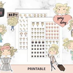 Chicas lindas de pelo rubio, personajes planificador imprimibles, muñecas de día perezosos, Netflix, día de pago, adictos al café, pegatinas Kawaii, plantas de agua, viajes