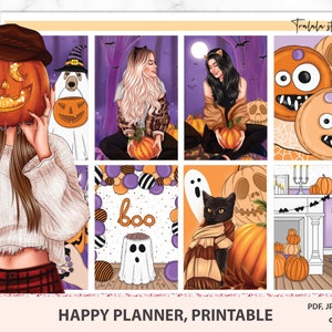 Halloween Printable Sticker kit, Happy planner weekly set, purple journal sticker pack, Pumpkin deco pack, PDF PNG Cricut Silhouette