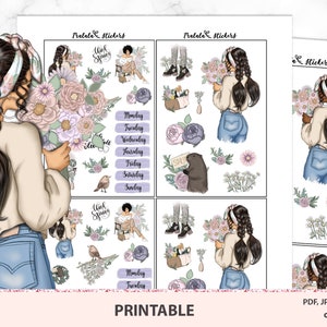 Adesivos de planejador para impressão de primavera, diário de planejador feliz, conjunto para impressão de diário com tema floral, meninas afro-americanas