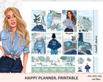 May include: A set of printable planner stickers featuring a denim theme. The stickers include a woman in a denim shirt and jeans, a pair of jeans, a denim jacket, and floral designs. The stickers are labeled with the days of the week: Monday, Tuesday, and Wednesday.