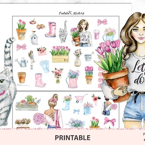 Gardening imprimible planificador pegatinas, pegatinas decorativas descargables, kit de pegatinas semanal, lindas chicas planificadoras, pegatinas florales, plantas