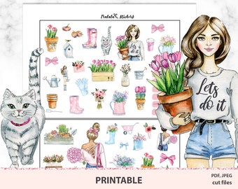 May include: Printable stickers featuring watercolor illustrations of flowers, gardening tools, a cat, and a woman holding a potted plant. The stickers have a pink and green color scheme and include the text "Let's do it".