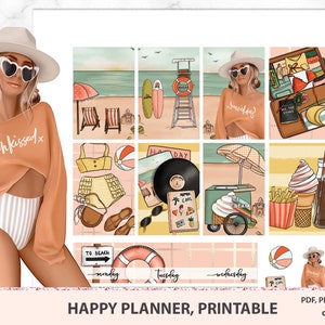 Retro summer Happy planner Printable stickers, Pool party, Sea Vacation, Beach planner stickers, Ocean, Weekly planner, Travelers notebook