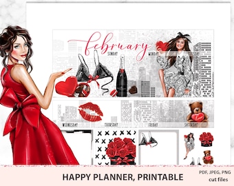 Printable February Monthly Kit For Classic Happy Planner Vertical, February Monthly View Stickerss,  February Printable Sticker Kit, MAMBI