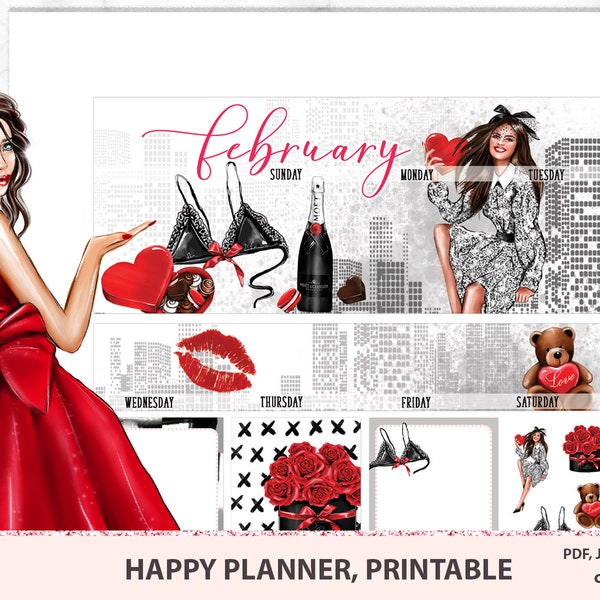 Druckbare Februar monatliche Kit für klassische glücklich Planner vertikal, Februar monatliche Ansicht Aufkleber, Februar druckbare Aufkleber Kit, MAMBI