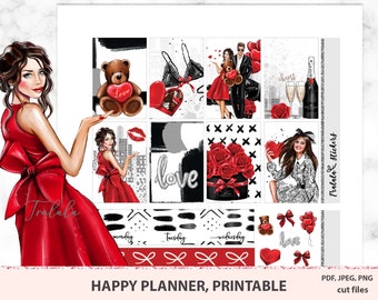 May include: Printable planner stickers featuring a Valentine's Day theme with red, black, and white illustrations of a woman in a red dress, a teddy bear, a box of roses, and a couple. The text "Love" and "Cheers" are also included.