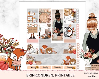 May include: A printable planner page with a fall theme. The page is divided into seven sections, each with a different design. The top section features a woman in a black dress holding a bouquet of flowers. The other sections feature foxes, pumpkins, and leaves. The text on the page includes "Let's Stay Home", "Homebody", "Thankful & Blessed", "Happy Thanks Giving", and "Happy Thanks Giving".