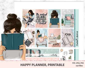 Bookworm Life Happy Planner Printable planner stickers, Printable sticker kit, MAMBI Weekly stickers, Vertical view stickers, Silhouette