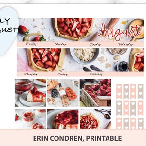 May include: A printable planner page for July and August with a strawberry theme. The page features images of strawberry desserts, including a strawberry tart, cheesecake, and a glass of wine. The page also includes a section for daily tasks and a section for notes.