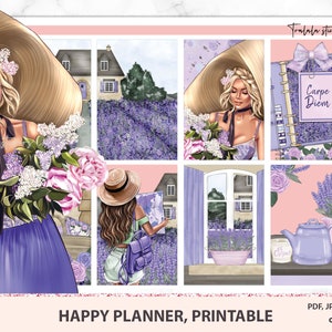 Happy planner stickers printable, Provance Purple Weekly Kit, Planner printables,flowers lavender fields Farmhouse PDF PNG Cricut Silhouette