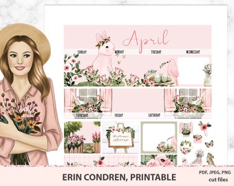 April Printable Kit for Erin Condren, Printable monthly stickers, Easter bunnies, Easter eggs, Floral monthly kit, Silhouette cut files
