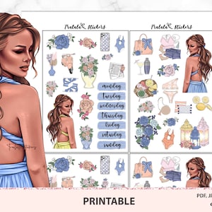 Kugel Zeitschrift Aufkleber druckbare, ECLP-Deco-Kit, druckbare Planer Deco, Mode-Mädchen mit blauen Kleid, Ozean/Meer/Sommer-Urlaub PNG-Dateien