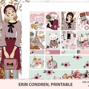 May include: A set of printable planner stickers featuring a Parisian theme with autumnal colours. The stickers include a woman in a pink sweater and burgundy skirt, a cat, a pumpkin, and an Eiffel Tower. The text "Tralala Stickers" and "Erin Condren, Printable" are also included.