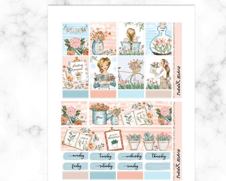 May include: A set of 12 planner stickers featuring floral illustrations, a bicycle, a watering can, a book, and a jar. The stickers are in shades of pink, blue, and green. The text on the stickers includes "Planting Journal", "Grow", "Year of Blessings", "Monday", "Tuesday", "Wednesday", "Thursday", "Friday", "Saturday", and "Sunday".