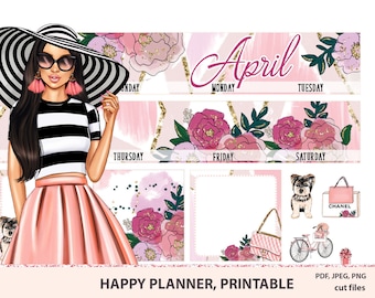 April Printable Monthly Kit Happy planner, May sticker kit printable, Mambi set, monthly view, Floral printables Silhouette Cricut cut files