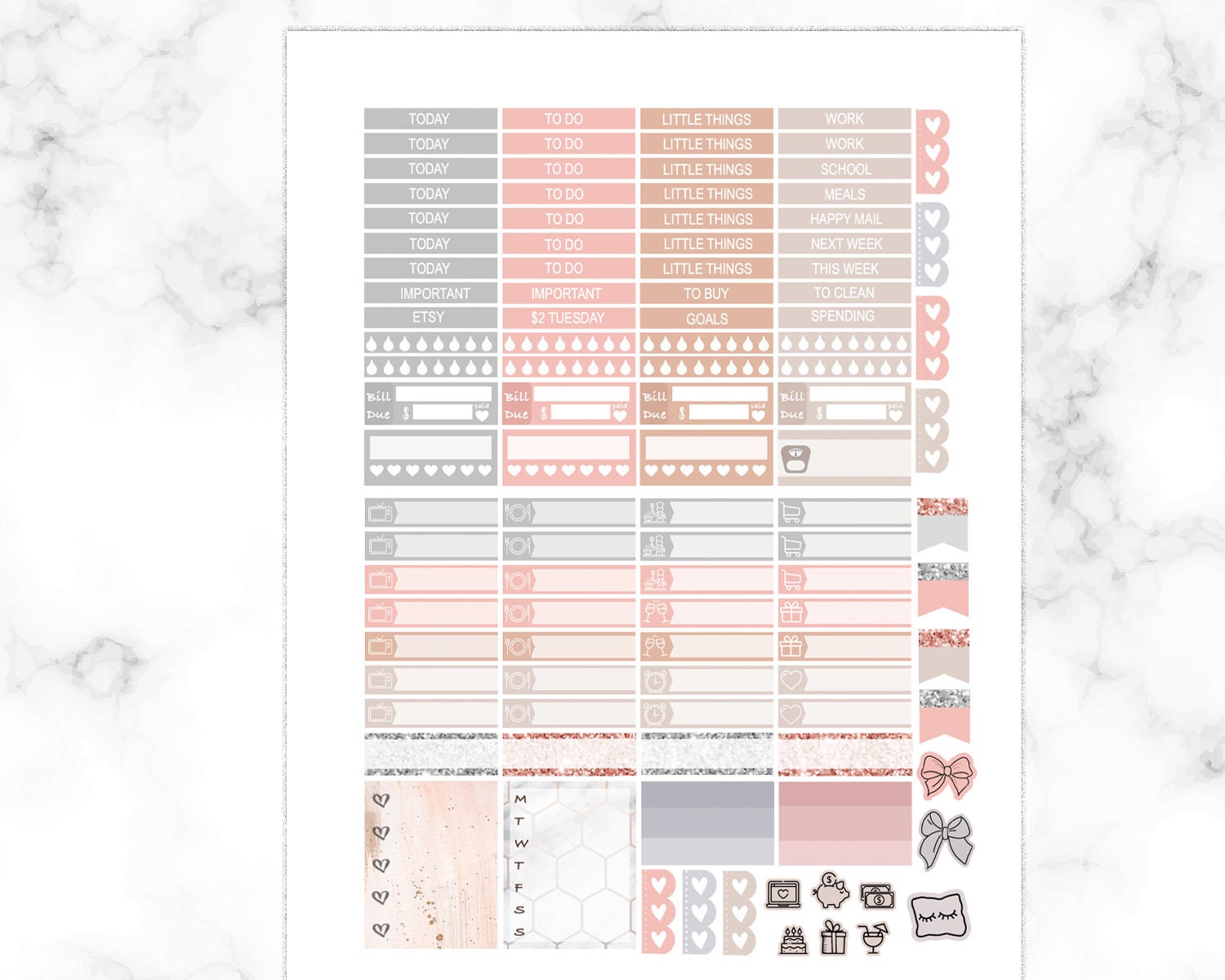 Pink Rose Gold and Marble Printable Stickers for Erin Condren - Etsy