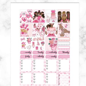 May include: Pink and white planner stickers with a Valentine's Day theme. The stickers feature hearts, flowers, and illustrations of women. The text on the stickers includes "#GALS", "BFF", and "XOXO".