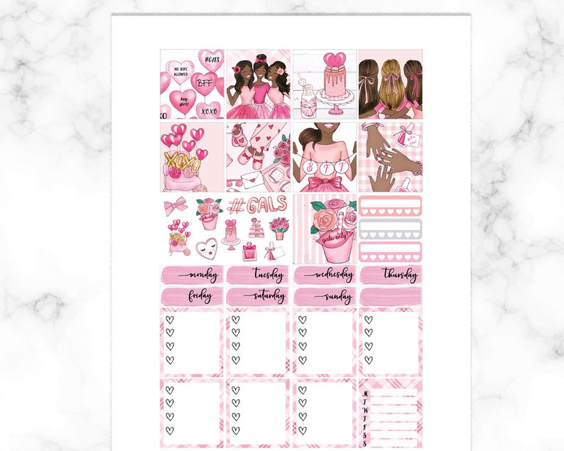 May include: Pink and white planner stickers with a Valentine's Day theme. The stickers feature hearts, flowers, and illustrations of women. The text on the stickers includes "#GALS", "BFF", and "XOXO".