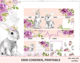 Peut inclure: Autocollants de planificateur imprimables avec des illustrations aquarellées de lapins et de fleurs. Les autocollants sont conçus pour être utilisés dans un planificateur ou un journal et présentent le mot "Avril".