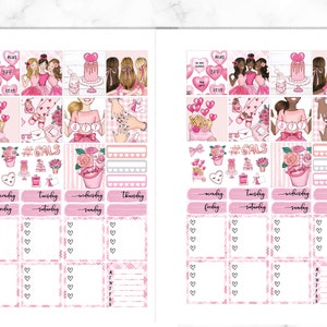 May include: Pink and white planner stickers with illustrations of women, hearts, and flowers. The stickers include the text "#GALS", "BFF", and "XOXO".