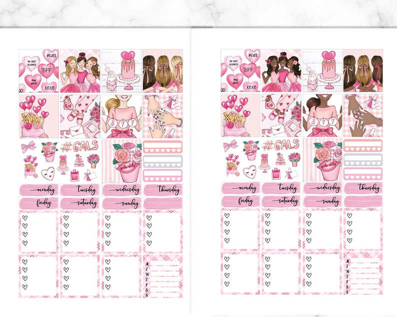 May include: Pink and white planner stickers with illustrations of women, hearts, and flowers. The stickers include the text "#GALS", "BFF", and "XOXO".