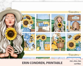 May include: A set of printable planner stickers featuring a woman with blonde hair and a sunflower, a beehive with bees, and sunflowers with bees. The stickers are designed for use in a planner or journal.