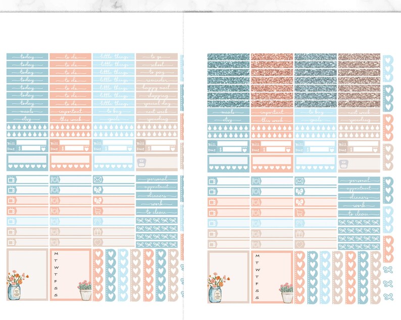 May include: A set of planner stickers with a pastel colour scheme. The stickers feature various designs, including floral, hearts, and geometric shapes. The stickers are perfect for organising and decorating your planner.