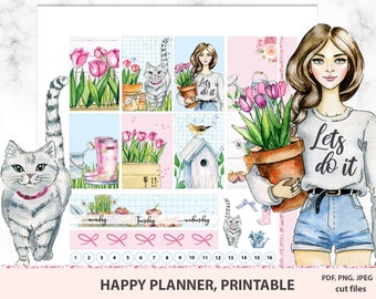 Gardening Happy Planner Stickers Printable, Printable Weekly Kit, Printable PDF, Planner sticker kit, Stickers with flowers, Floral set