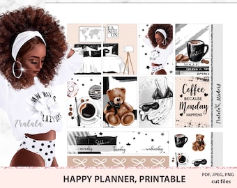 African American printable stickers, Monday Coffee weekly kit, Black and white stickers, Vertical set, nordic home bedroom, fashion girl