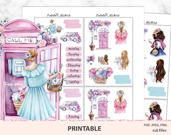 Watercolor flowers printable planner stickers, downloadable sticker pack, weekly sticker kit, cute planner girls, African Ameriican woman