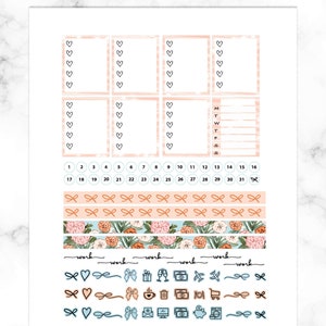 May include: A printable planner sticker sheet with a peach and white watercolour background. The sheet includes a variety of stickers, including boxes, hearts, numbers, bows, floral patterns, and icons. The text "work" is repeated across the bottom of the sheet.