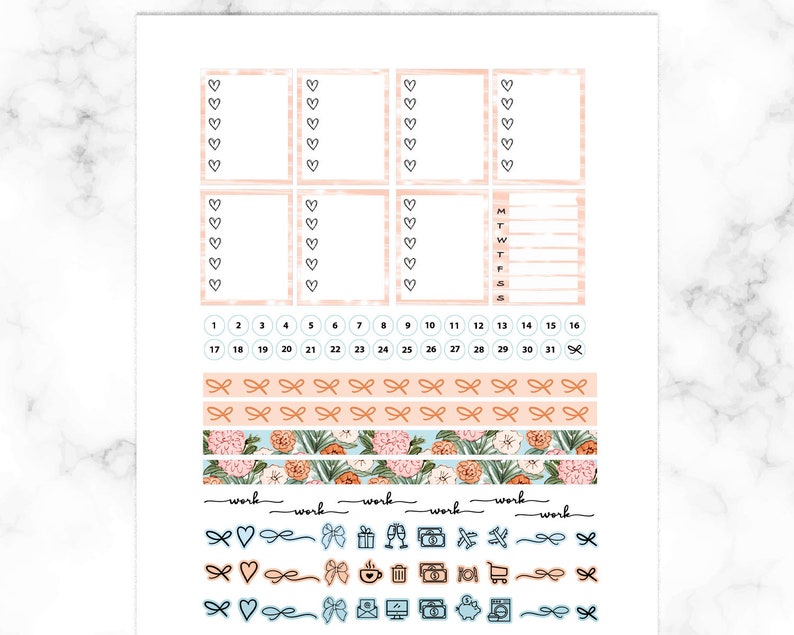 May include: A printable planner sticker sheet with a peach and white watercolour background. The sheet includes a variety of stickers, including boxes, hearts, numbers, bows, floral patterns, and icons. The text "work" is repeated across the bottom of the sheet.