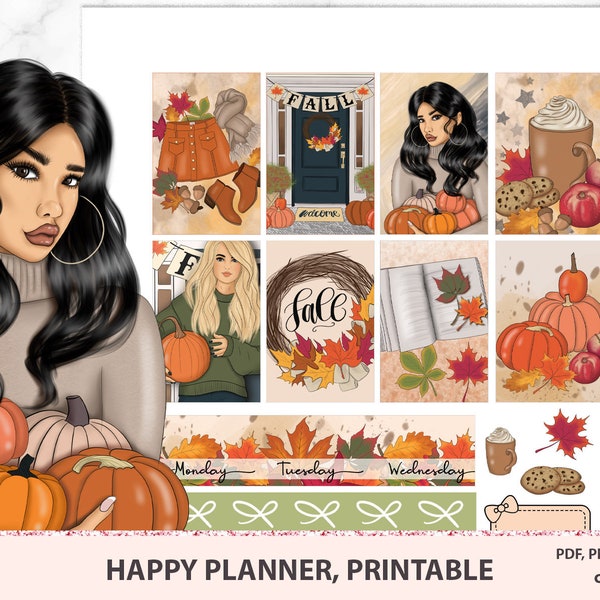 AUTUMN Planner Stickers printable, Happy planner weekly kit, Fall, Pumpkin, Silhouette Cut Files, Cricut, Dark skin girl