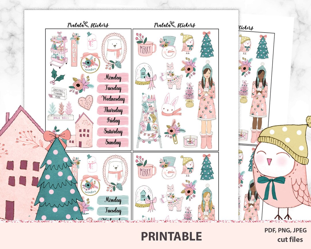 Christmas Printable Planner Stickers, Cute Watercolorl Kit With Flowers ...