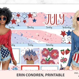 Kit mensual imprimible de julio, kit mensual de Erin Condren, kit mensual de julio para planificadores verticanos y horizontales, archivos cortados de silueta
