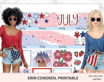 Utskrivbart månadskit för juli, månadskit för Erin Condren, månadskit för vertikala och horisontella planerare för juli, Silhouette-klippfiler